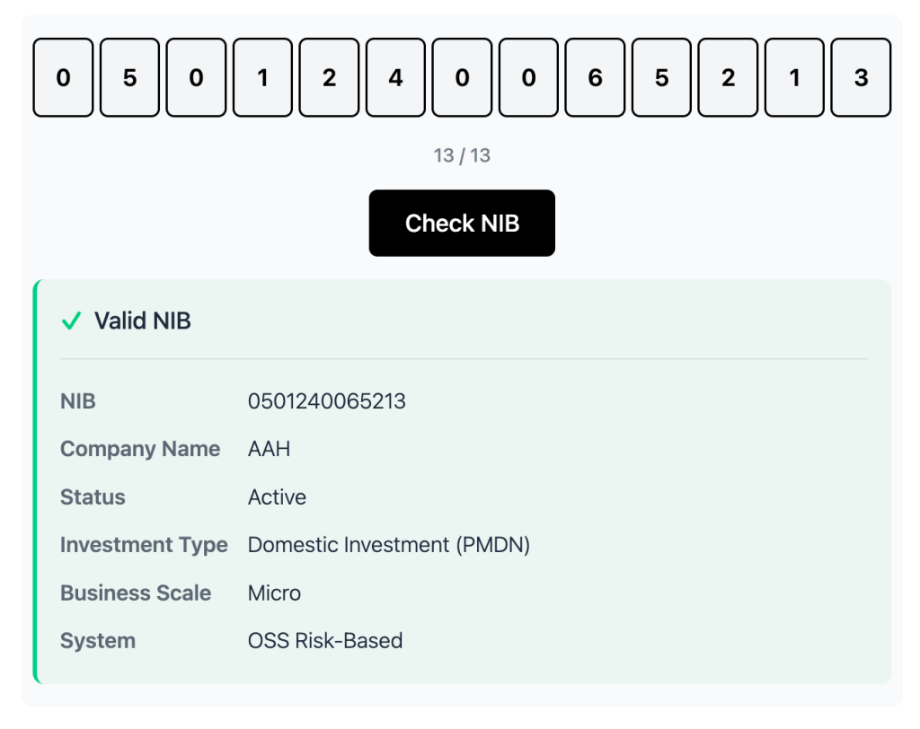Screenshot of our tool for checking the business registration number (NIB) in Indonesia, displaying valid company information.